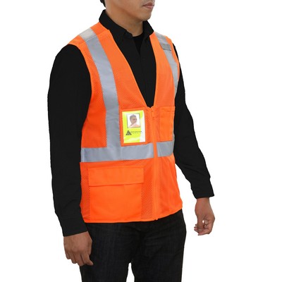 Reflective Apparel™ 5 Point Breakaway Pocketed Mesh X Back Vest- ID Pocket/Fluorescent Red-Orange