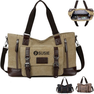 Leather Trim Canvas Travel Bag w/ Front Pocket