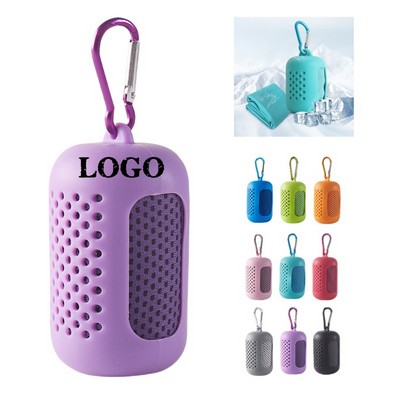 Custom Quick Dry Microfiber Ice Cooling Towel w/Silicone Carrying Case & Metal Carabiner Clip