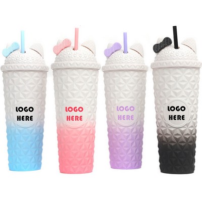 30 Oz Gradient-Colored Cat Ears Shape Cartoon Double-Layer Straw Cup