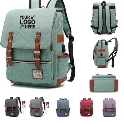 Vintage Flap Laptop Backpack with USB Port
