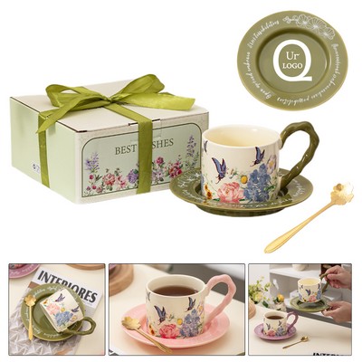 9 Oz Ceramic Cup And Saucer Sets W/ Spoon