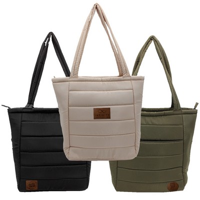 Otaria™ Puffy Recycled Tote Bag, Leather Patch - Laser Engraving
