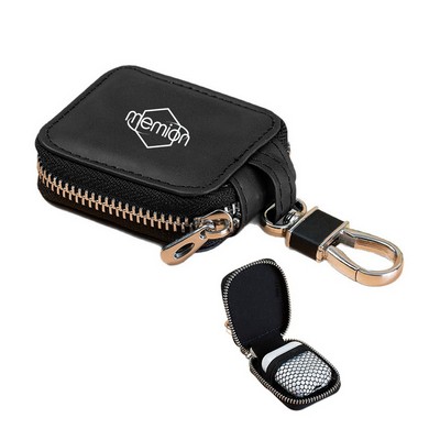Pu Leather Zippered Earbuds Protective Organizer Pouch W/ Handle