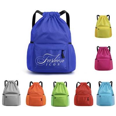 Waterproof Drawstring Backpack with Mesh Sides - Large Sports Gym Cinch Bag