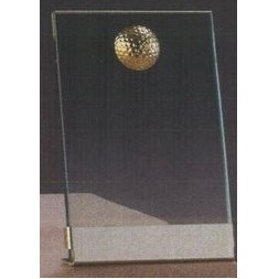 Clear Glass Plaque Award w/Gold Golf Accent, Gold Plastic Mounts & Base (4"x6.5")