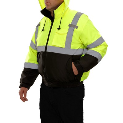 Reflective Apparel™ 2-Tone Waterproof Bomber Jacket w/Hidden Hood- Fluorescent Yellow-Green