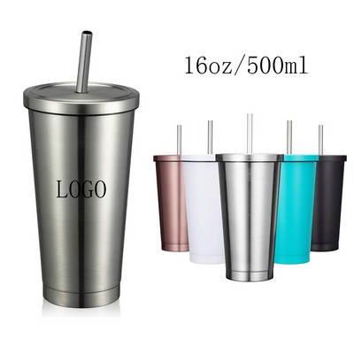 16 oz. Stainless Steel Insulated Vacuum Coffee Tumbler with Straw