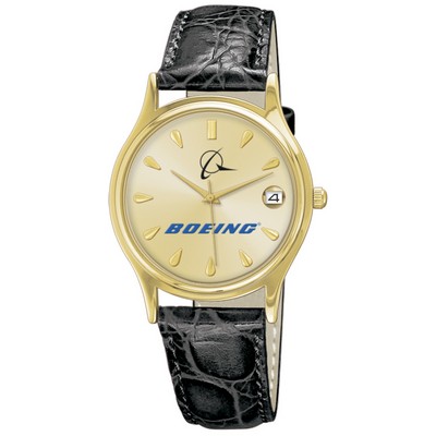 Men's Leather Band Collection Brass Watch with Date