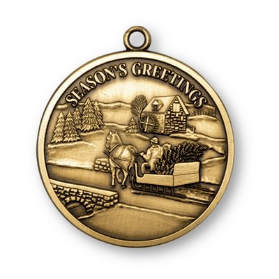 Solid Brass 2" Brass Horse Drawn Sleigh w/ Reverse Full Color Imprint