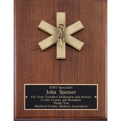 Genuine Walnut Plaque with Brushed Brass EMT Logo, 9"x12"