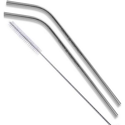 2 Piece Reusable Silver Bent Stainless Steel Straw with Cleaning Brush