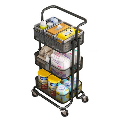 3 Tier Carbon Steel Rolling Mesh Utility or Kitchen Cart With Handle And Lockable Wheels