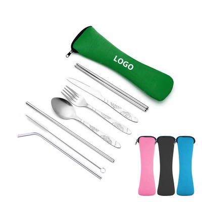 Custom Logo Outdoor Camping Stainless Steel Knife Fork Spoon Travel Cutlery 7" 1 Utensils kit