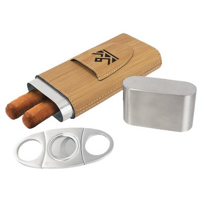 Bamboo Leatherette Cigar Case with Cutter