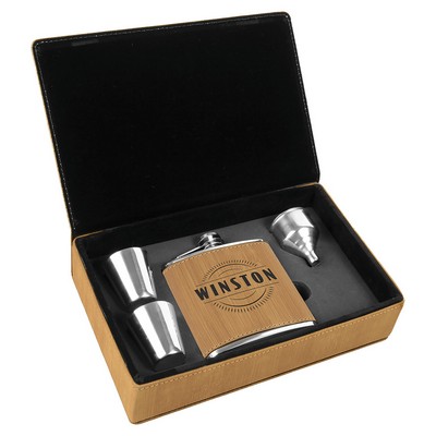 6 oz. Bamboo Leatherette Flask Gift Set