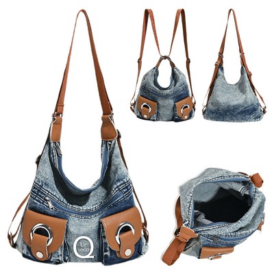 Fashion Denim Bag W/ 3-Way Convertible Straps