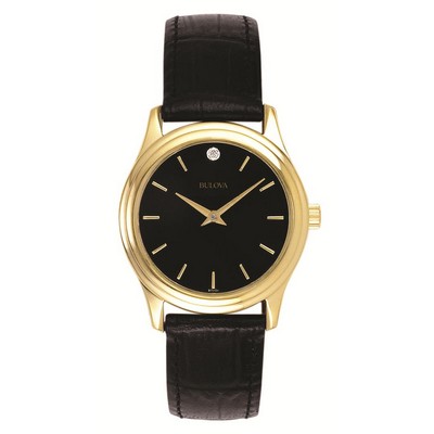 Bulova® Ladies' Corporate Collection Black Leather Strap, Black Diamond Dial