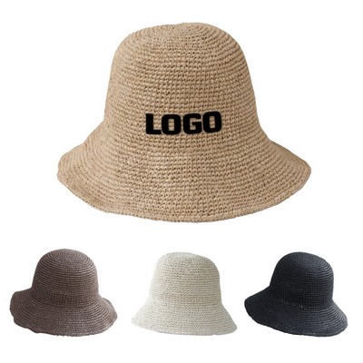 Three Dimensional Embroidered Woven Straw Bucket Hat