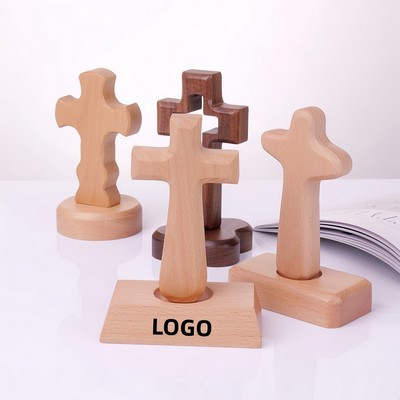 Standing Wooden Cross Tabletop Decor With Base Art