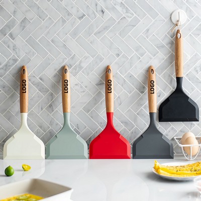 Silicone Kitchen Spatula Wooden Handle Turner Tool