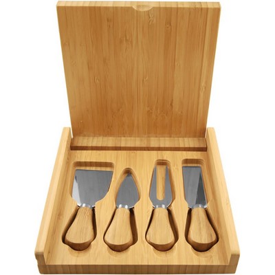 8" x 8" Bamboo Cheese Board Set with 4 Rubber Wood Tools