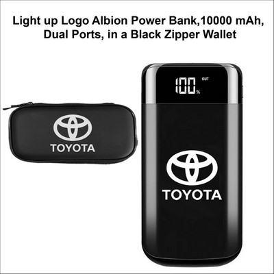 Albion Light Up Logo Power Bank, 10000 mAh, Dual Ports, in a Black Zipper Wallet