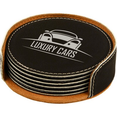 Round Coaster Set with 6 pcs, Black Faux Leather, Engraved, 4" Dia