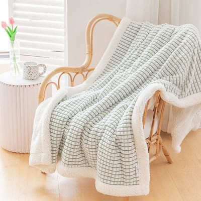 50"x 60" Luxury PLAID Embossed SHERPA Ultra Plush Velour Throw BEIGE WHITE Alesia C.