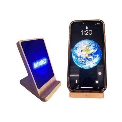 2" 1 Light Up Logo Bamboo Wireless Charger w/Stand