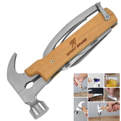 12-in-1 Multitool Camping Hammer with Wooden Handle