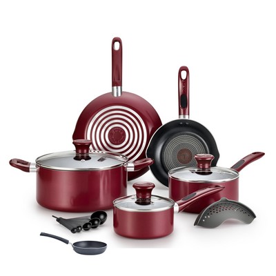 T-fal Excite Non-Stick 14-Piece Cookware Set Plus Specialty Non-Stick One-Egg Wonder Package - Red