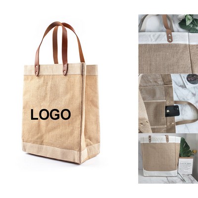 11 4/5" Cutom Eco-Friendly Jute Grocery Tote Bag w/PU Leather Handles