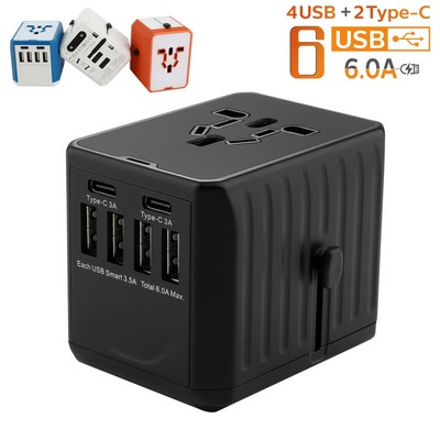 International Travel Adapter with 2 Type C (3.0A) and 4 USB Port (3.5A)