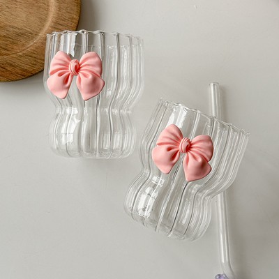 Pink Bow Tie High Borosilicate Glass Coffee Mug Vertical Stripe Chubby Cup Valentine's Day Gift