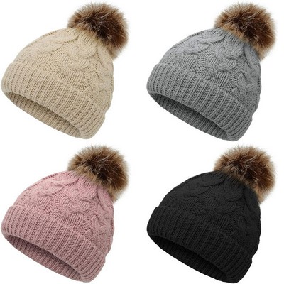 Children Cable Knit Beanie W/ Pom-pom
