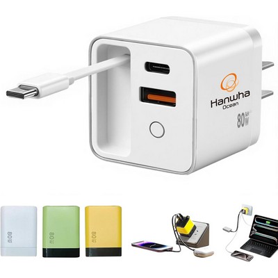 USB C Charger Fast Charging Wall Plug , 80W Retractable Phone Charger Plug with Retractable Cable