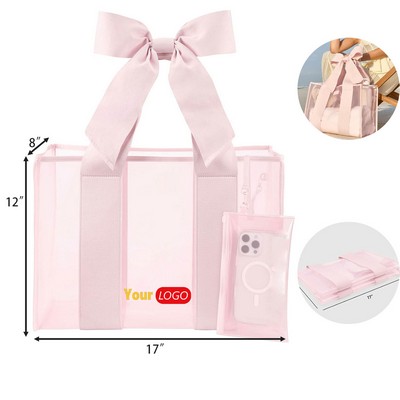 PVC Translucent Tote Bag with Bow Design & Phone Pouch