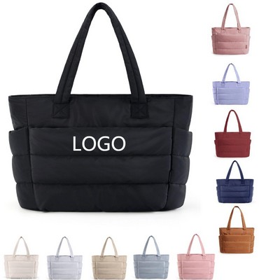 Quilted Polyester Puffer Tote Bag With Top Zipper
