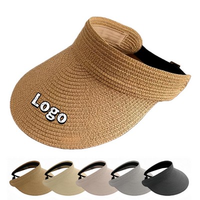 Handmade Woven Straw Sun Visor Hat, Adjustable Travel Beach Cap for Ladies