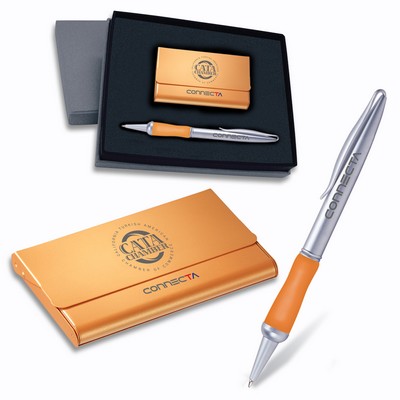 2-Piece Gift Set of Metallic Orange Business Card Case and Twist-Action Ballpoint Pen