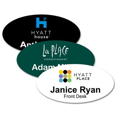 3" x 1.5" Glossy Oval Plastic Name Badge w/Full Color Imprint & Personalization