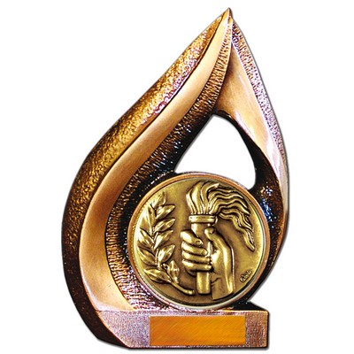 Stock 9" Flame Trophy with 2" Torch & Hand Coin and Engraving Plate