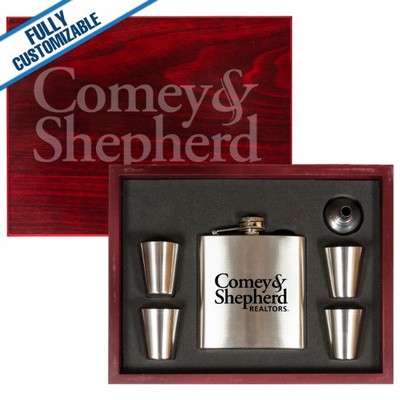 6 Oz. Stainless Steel Flask Set w/4 Shots & Wood Gift Box