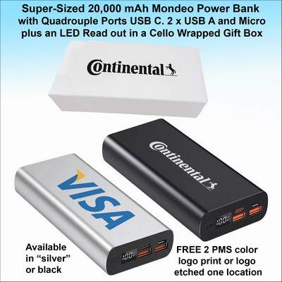 Super Sized 20,000 mAh Mondeo Power Bank 4 Ports, C & A, LED screen Printed Gift Box