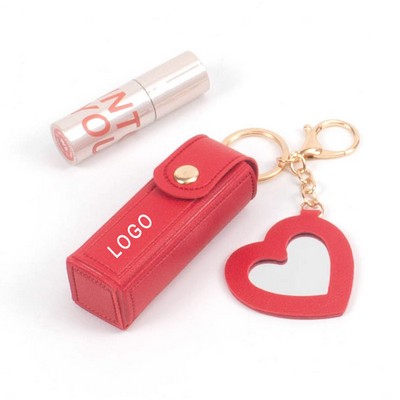 PU Leather Potable Keychain with Chapstick Holder and Mirror