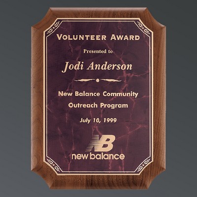 Genuine American Walnut Notched Plaque, Ruby Red Marble Plate w/Florentine, Large (9"x12")