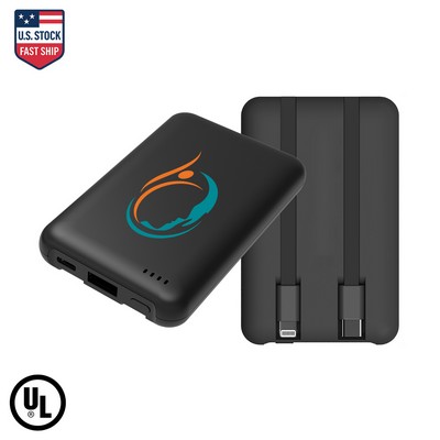 UL Certified 5000mAh Power Bank with Built-In Type C and Lightning Cables