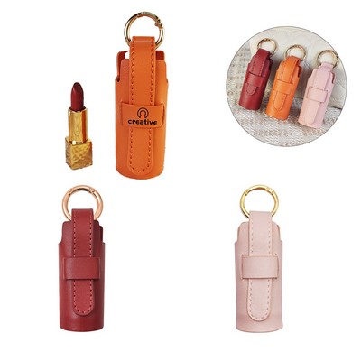 Pink Leather Lipstick Holder with Key Ring