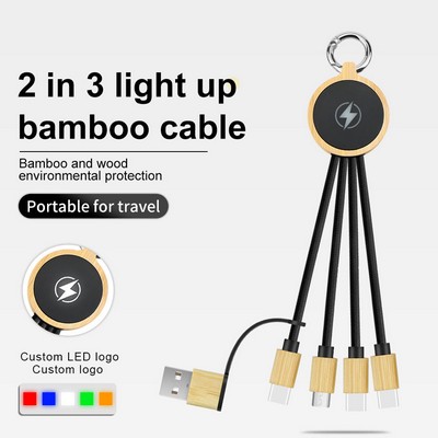 Custom LED Logo Multi-Function Bamboo Keychain Charging Cable Type C USB Cable